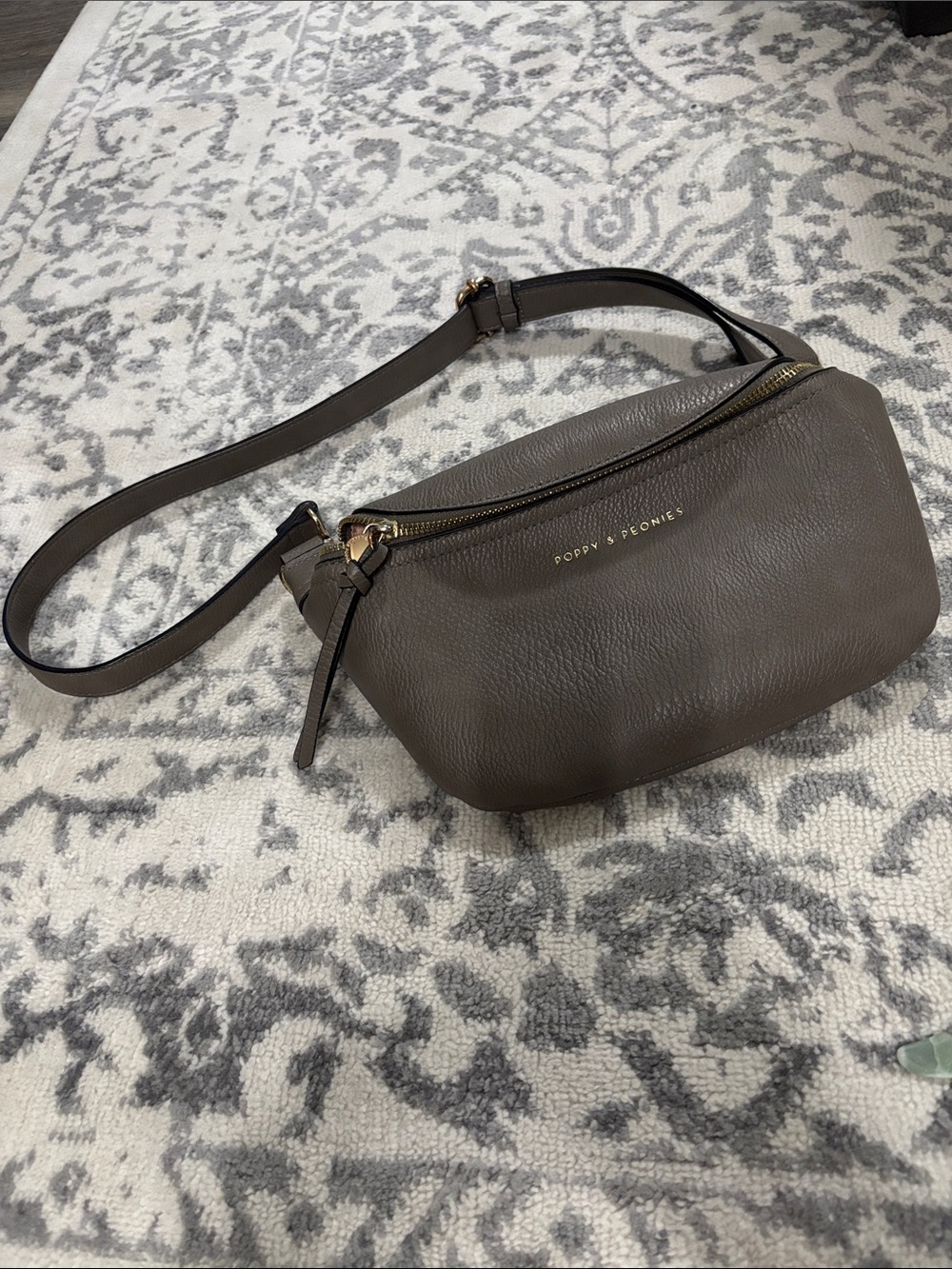 Poppy & Peonies Taupe Pebbled Leather Crossbody Belt Bag with Gold Hardware